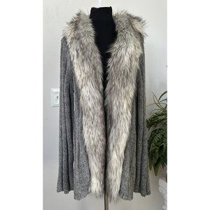 Chicos Women’s Coat Chunky Sweater Gray Duster Faux Fur Collar Wool Cardigan XL